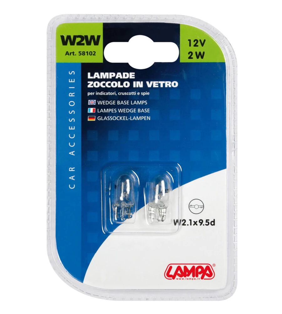 LAMPADA CON ZOCCOLO VETRO 12V - W2W - 2W - W2,1X9,5D - 2 PZ  - D/BLISTER  58102