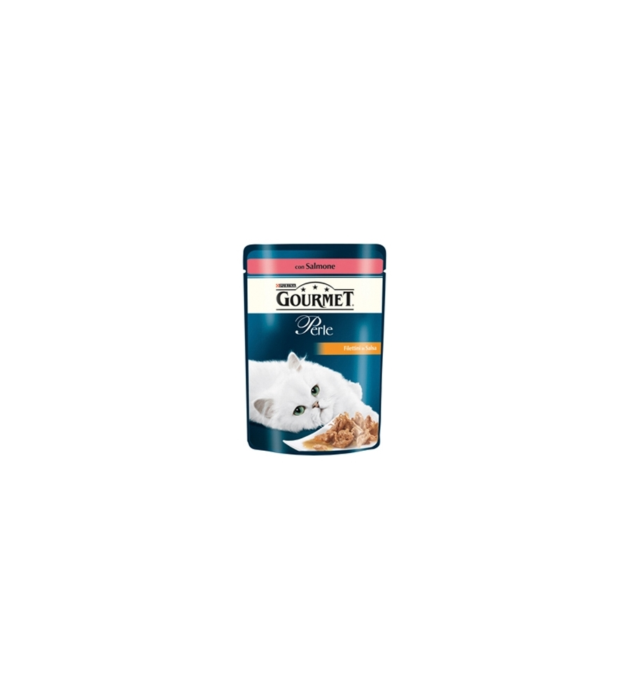 GOURMET PERLE - ALIMENTO UMIDO PER GATTO, FILETTINI IN SALSA CON SALMONE.