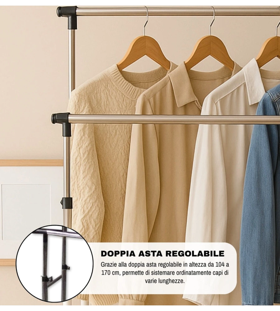 STENDER APPENDIABITI DOPPIO ESTENSIBILE BELLAHOME CON RUOTE IN METALLO BIANCO 45X90X104/170 CM