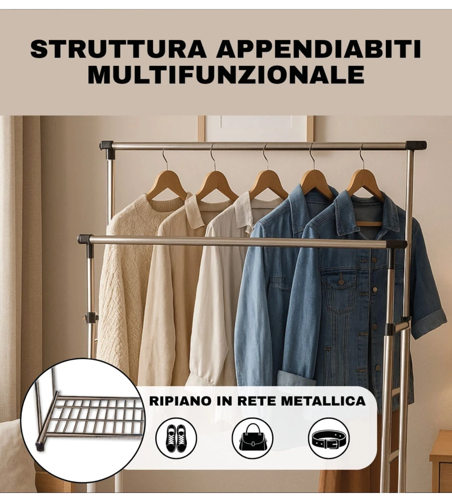 STENDER APPENDIABITI DOPPIO ESTENSIBILE BELLAHOME CON RUOTE IN METALLO BIANCO 45X90X104/170 CM
