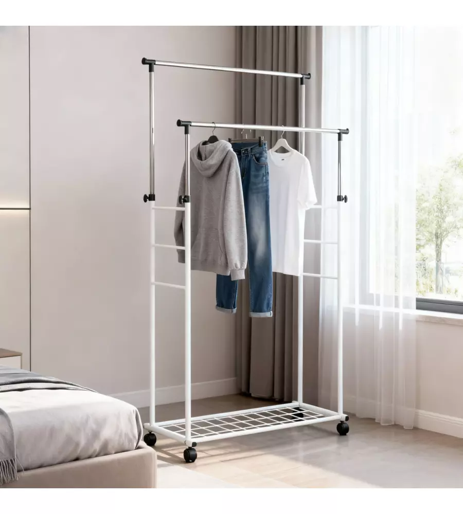 STENDER APPENDIABITI DOPPIO ESTENSIBILE BELLAHOME CON RUOTE IN METALLO BIANCO 45X90X104/170 CM
