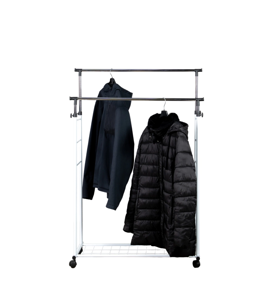 STENDER APPENDIABITI DOPPIO ESTENSIBILE BELLAHOME CON RUOTE IN METALLO BIANCO 45X90X104/170 CM