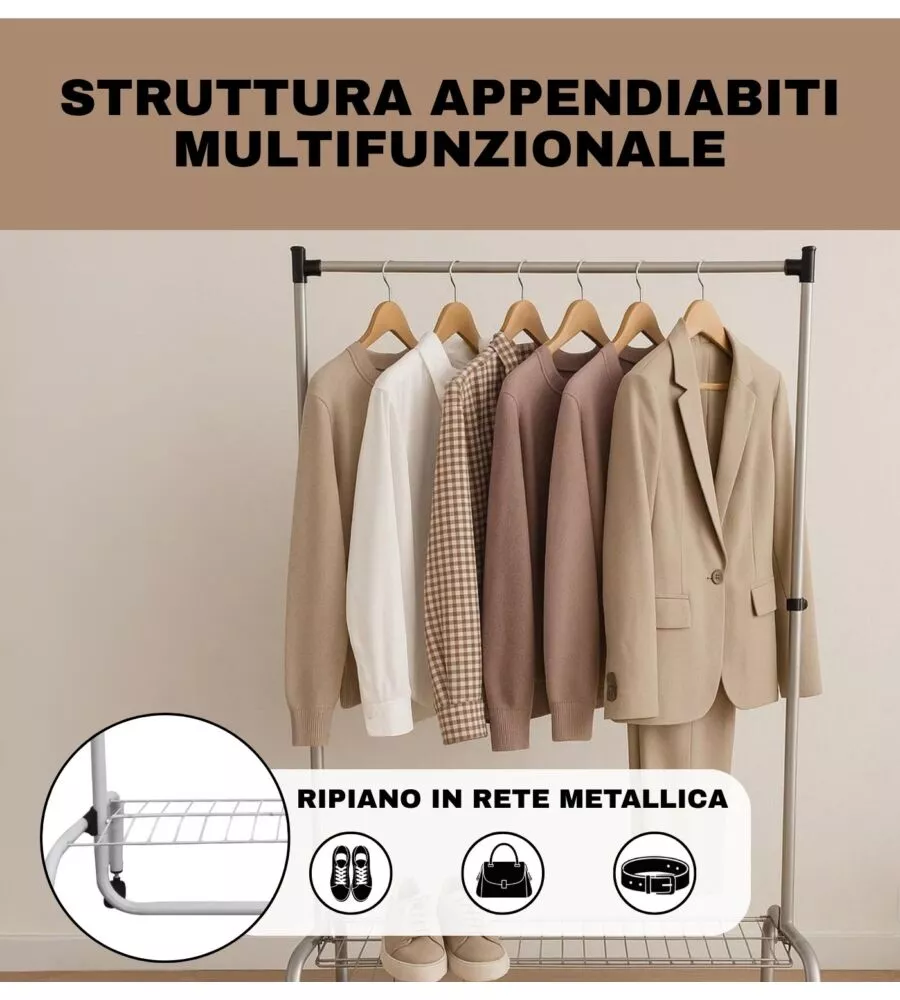 STENDER APPENDIABITI SINGOLO ESTENSIBILE BELLAHOME CON RUOTE IN METALLO BIANCO 90X45X102/172 CM