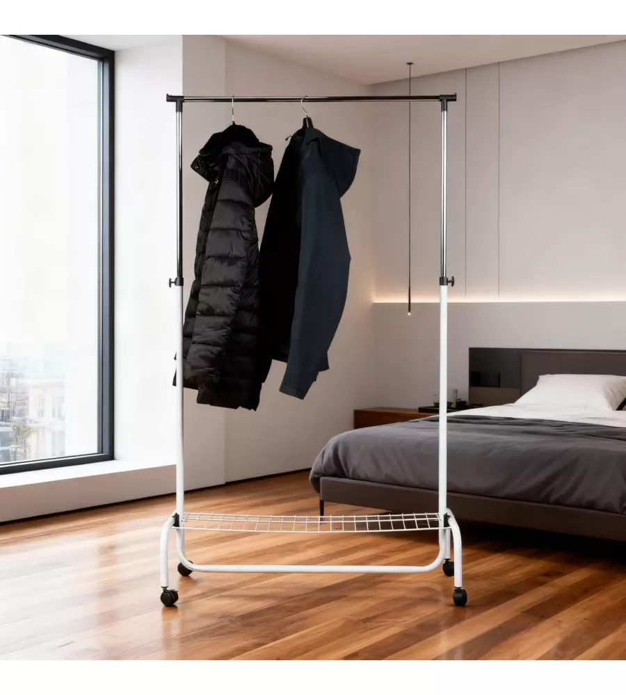 STENDER APPENDIABITI SINGOLO ESTENSIBILE BELLAHOME CON RUOTE IN METALLO BIANCO 90X45X102/172 CM