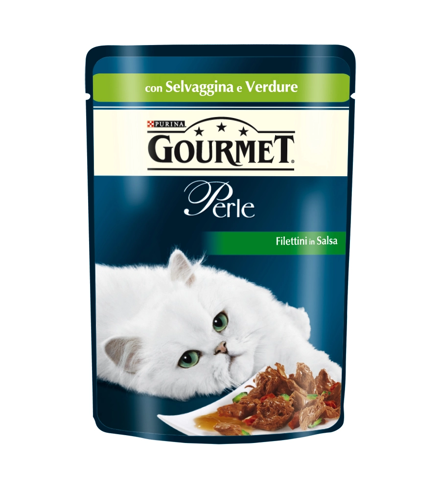 GOURMET PERLE - ALIMENTO UMIDO PER GATTO, FILETTINI IN SALSA CON VERDURE E SELVAGGINA.
