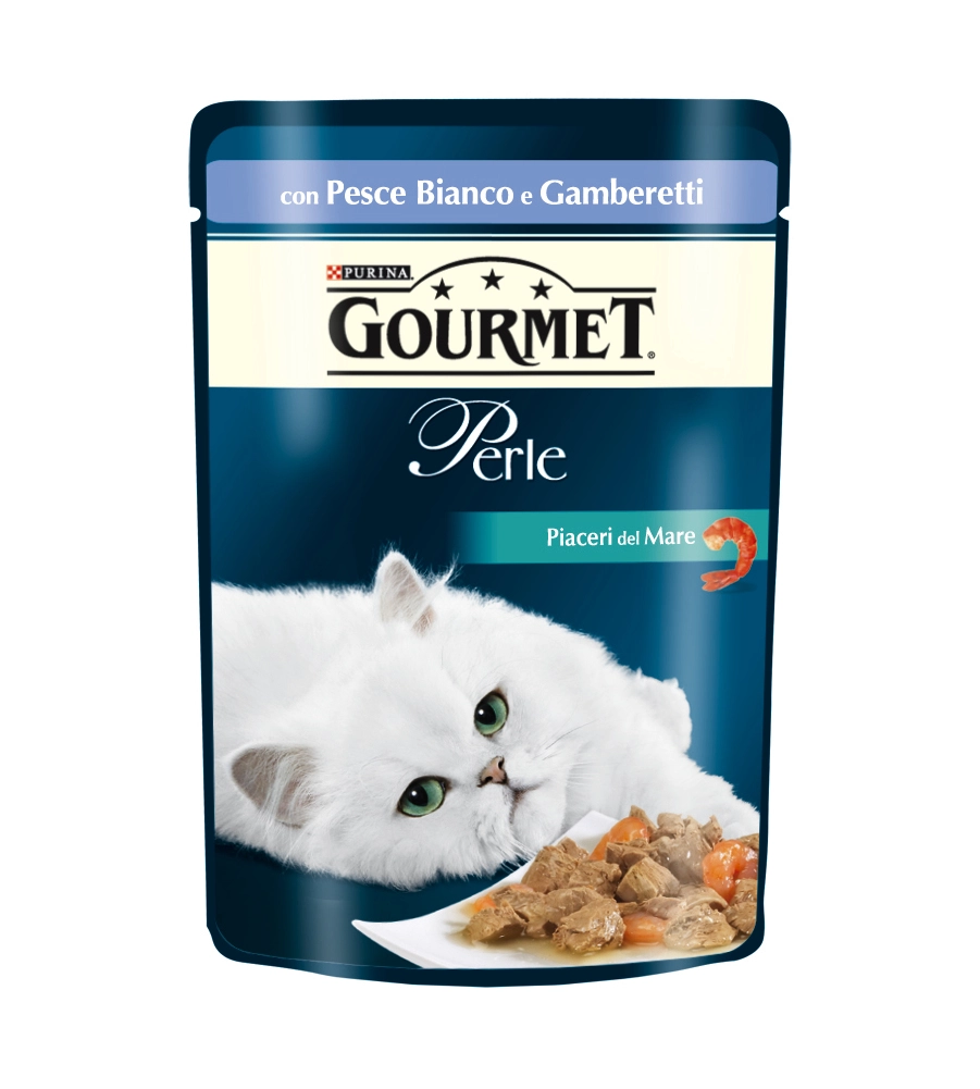 GOURMET PERLE - PIACERI DEL MARE CON PESCE DELL'OCEANO E GAMBERETTI, ALIMENTO UMIDO PER GATTO.