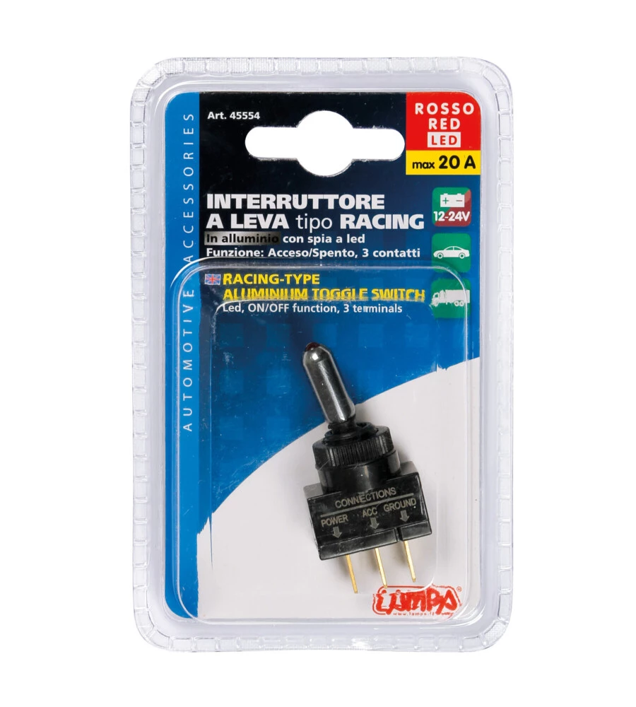 INTERRUTTORE A LEVA TIPO RACING, IN ALLUMINIO CON SPIA A LED -  12/24V - ROSSO -  20A  45554