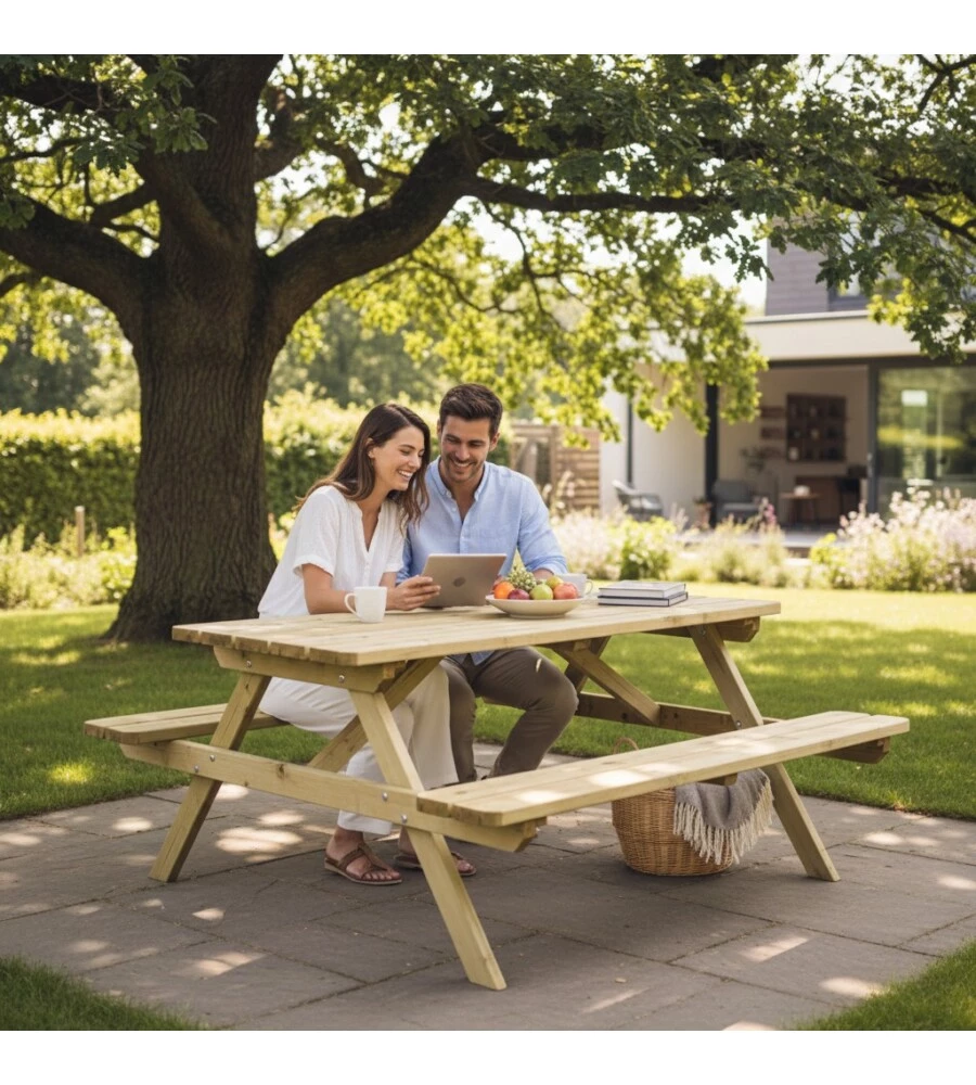 SET DA GIARDINO IN LEGNO CON TAVOLO DA PICNIC 179X150X70 CM.