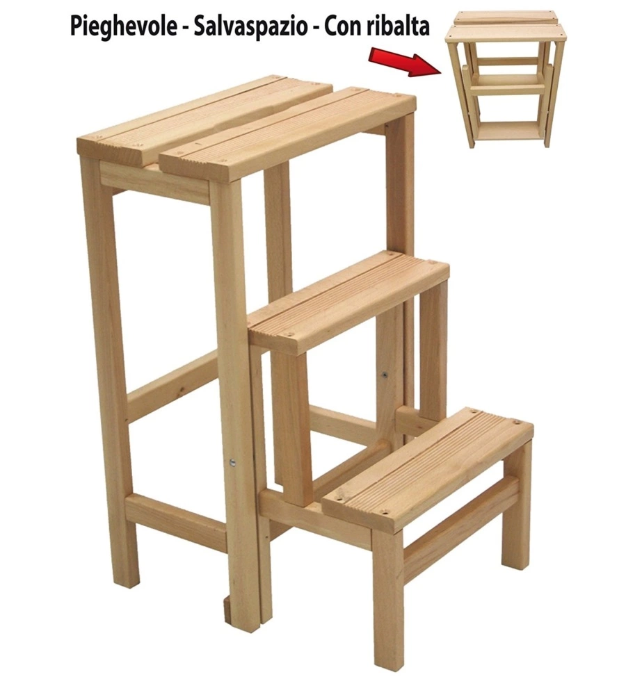 SGABELLO SCALA CON 3 GRADINI A RIBALTA RICHIUDIBILE IN LEGNO, 37X23X60 CM
