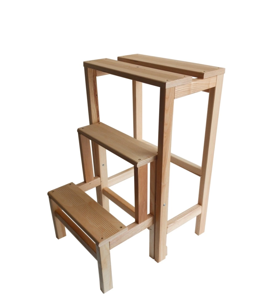 SGABELLO SCALA CON 3 GRADINI A RIBALTA RICHIUDIBILE IN LEGNO, 37X23X60 CM