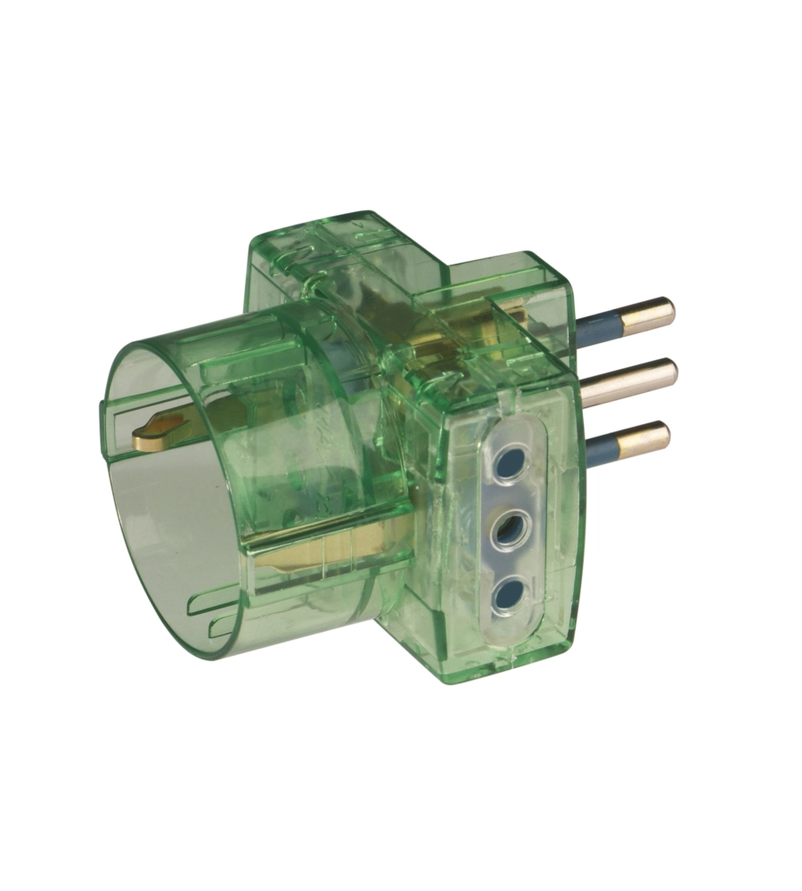 POLY POOL - ADATTATORE SPINA E 2 PRESE 10 A E 1 PRESA STANDARD TEDESCO TRASPARENTE VERDE