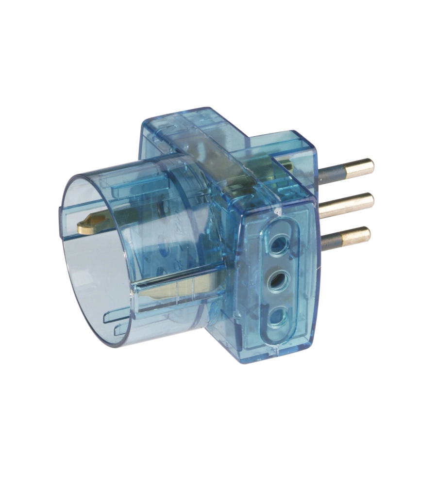 POLY POOL - ADATTATORE SPINA E 2 PRESE 10 A E 1 PRESA STANDARD TEDESCO TRASPARENTE AZZURRO