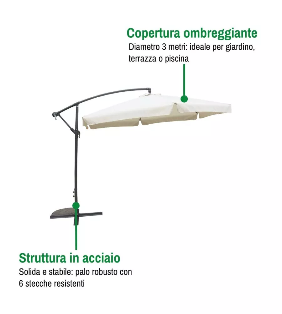 OMBRELLONE DA GIARDINO ESAGONALE CON BRACCIO LATERALE EUROGARDEN ECRÙ 3X3 M