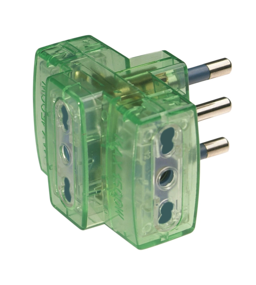 POLY POOL - ADATTATORE MULTIPLO SPINA 16 A E 3 PRESE BIVALENTI TRASPARENTE VERDE
