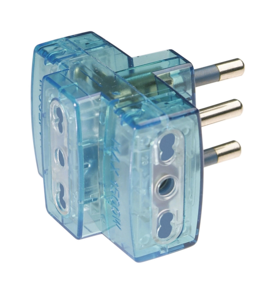 POLY POOL - ADATTATORE MULTIPLO SPINA 16 A E 3 PRESE BIVALENTI TRASPARENTE AZZURRO