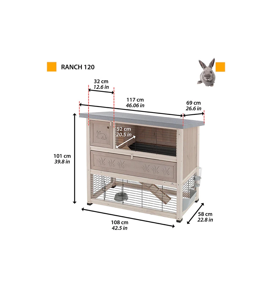 CONIGLIERA IN LEGNO "RANCH 120" A DUE PIANI, 117X69X101 CM  - FERPLAST