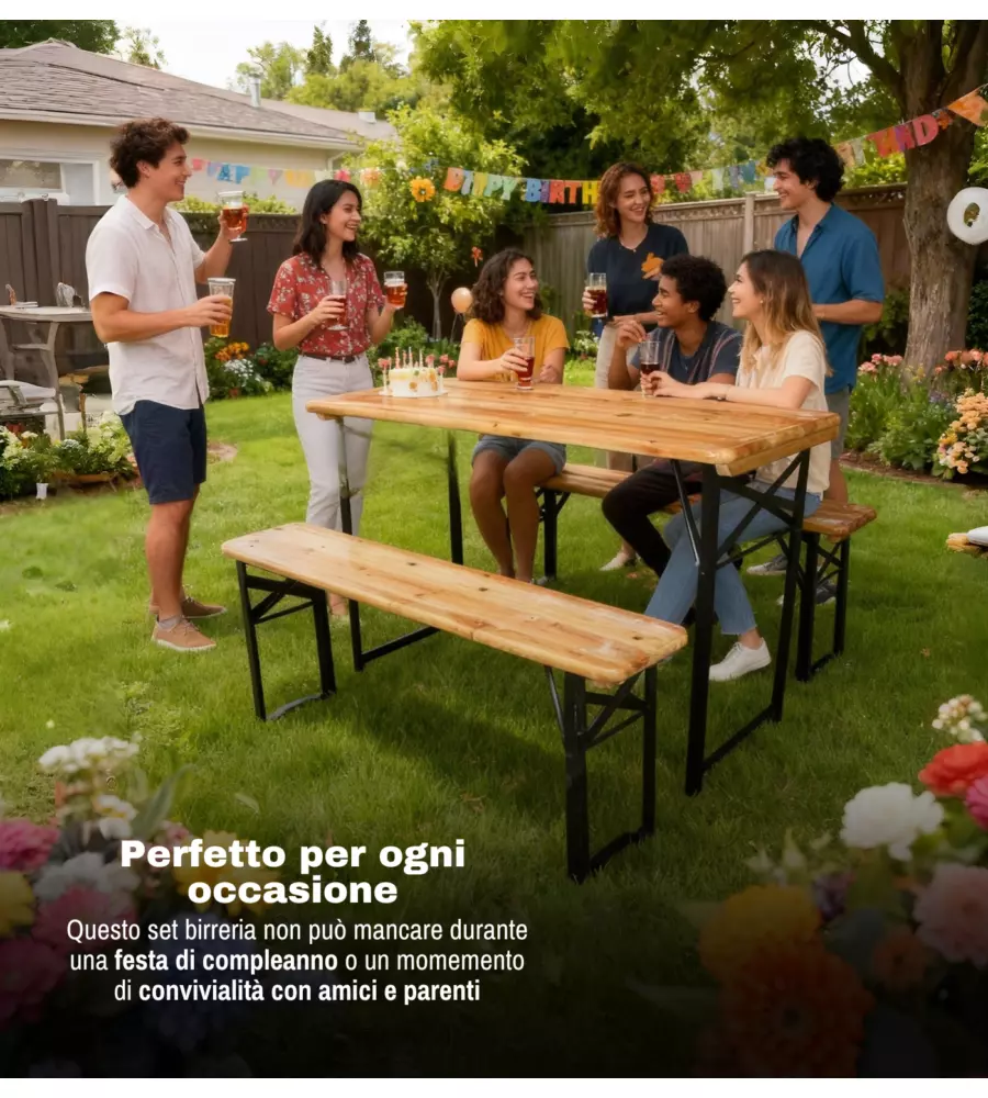 SET BIRRERIA DA GIARDINO PIEGHEVOLE EUROGARDEN IN LEGNO 200X70 CM