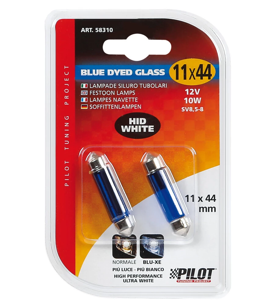 LAMPADA SILURO BLUE DYED GLASS 12V - 11X44 MM - 10W - SV8,5-8 - 2 PZ  - D/BLISTER  58310