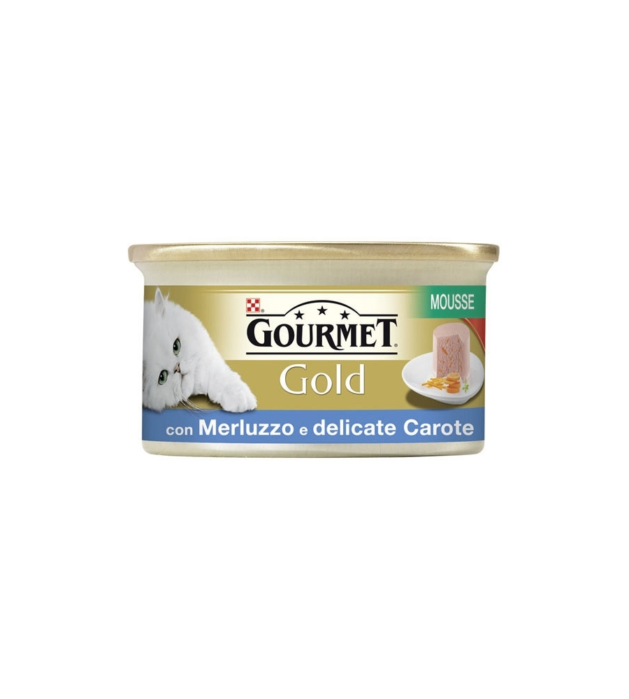 GOURMET GOLD , ALIMENTO UMIDO PER GATTO, MOUSSE CON MERLUZZO E DELICATE CAROTE.