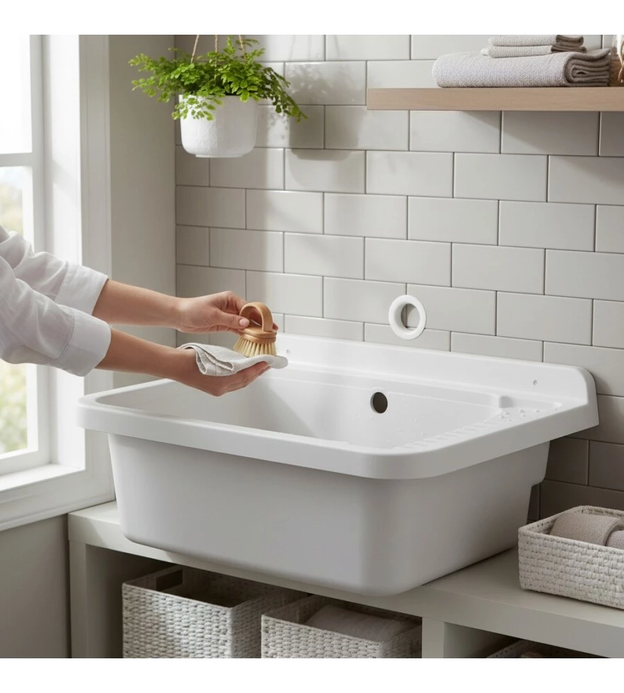 PILOZZO LAVATOIO IN RESINA E PVC COLORE BIANCO CON SIFONE INCLUSO.