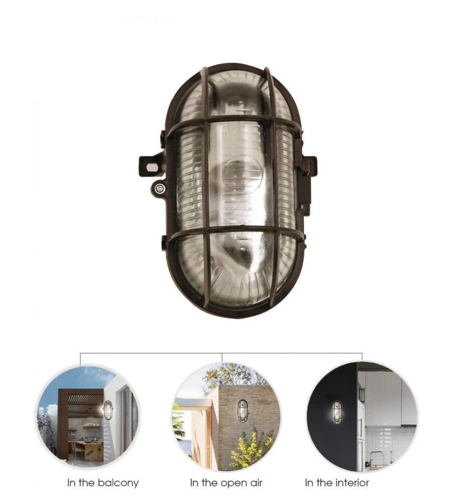 Lampada Da Parete Ovale REV Con Vetro Strutturato, IP44, E27 Fino A 60W, In Alluminio Pressofuso - Ideale Per Esterni Protetti E Seminterrato