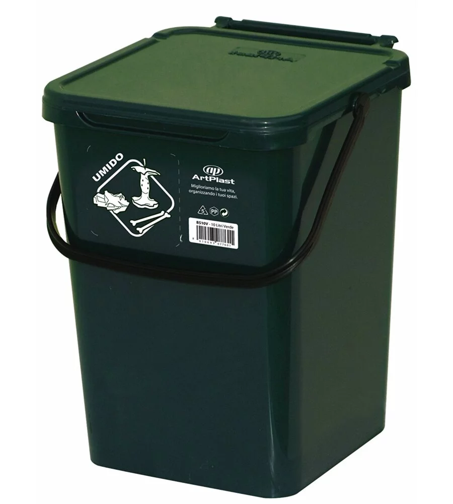Cassonetto in plastica con coperchio per raccolta differenziata - verde da 10 Litri.