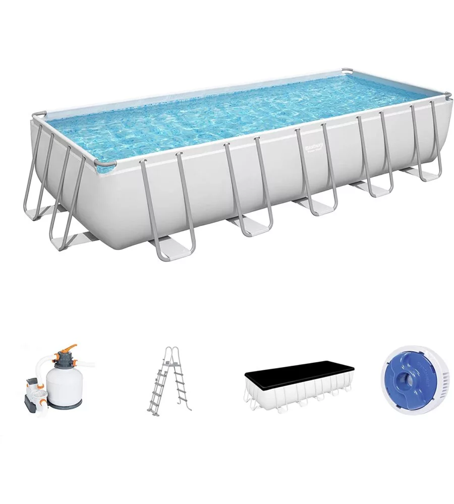 PISCINA FUORI TERRA CON STRUTTURA RETTANGOLARE BESTWAY "POWER STEEL FRAME" CON POMPA, TELO E SCALETTA GRIGIO CHIARO 732X366X132 CM - COD. 56475