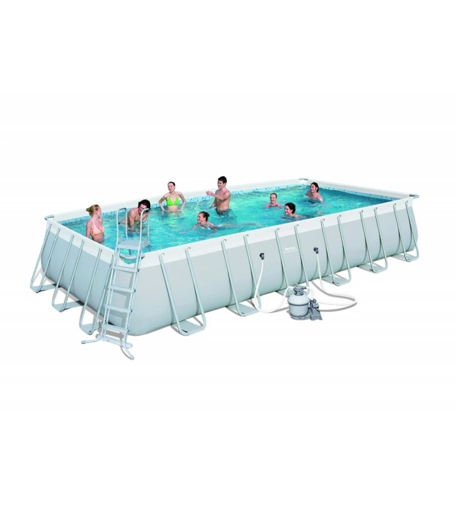 PISCINA FUORI TERRA CON STRUTTURA RETTANGOLARE BESTWAY "POWER STEEL FRAME" CON POMPA, TELO E SCALETTA GRIGIO CHIARO 732X366X132 CM - COD. 56475