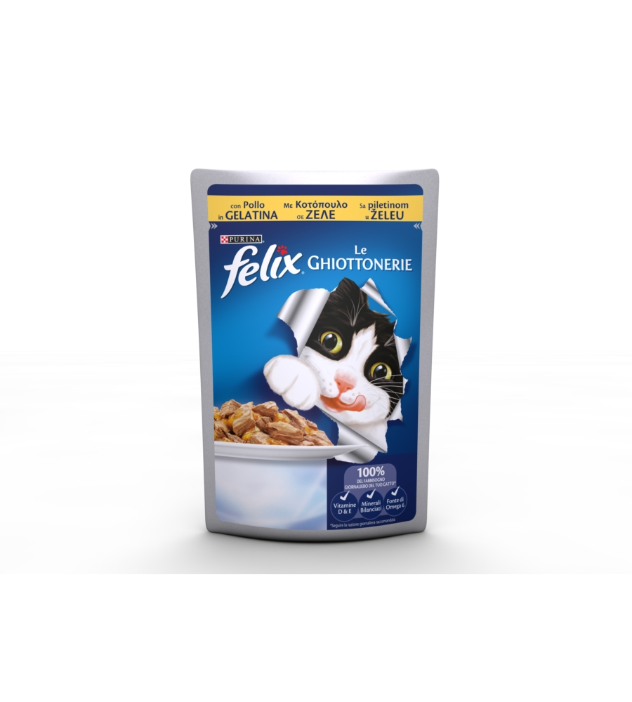 FELIX LE GHIOTTONERIE, ALIMENTO UMIDO PER GATTO CON POLLO IN GELATINA.