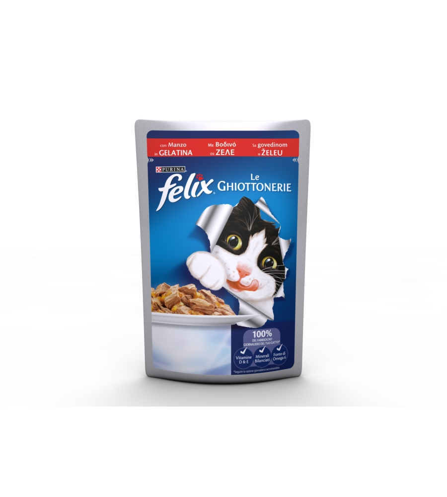 FELIX LE GHIOTTONERIE, ALIMENTO UMIDO PER GATTO CON MANZO IN GELATINA.