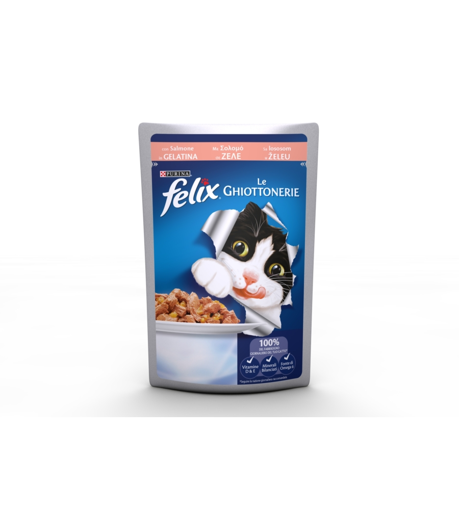 FELIX LE GHIOTTONERIE, ALIMENTO UMIDO PER GATTO CON SALMONE IN GELATINA.