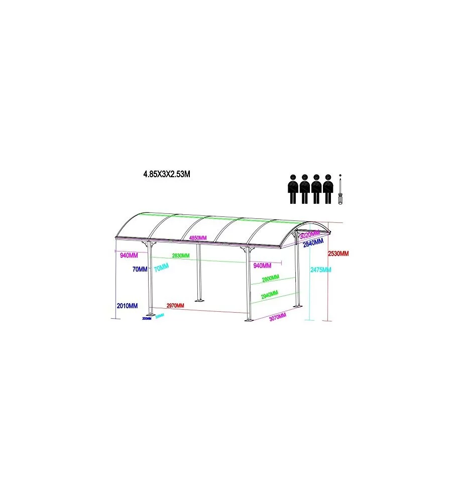 CARPORT AUTO IN ALLUMINIO E POLICARBONATO EUROGARDEN 1 POSTO 4,85x3,00x2,53 M