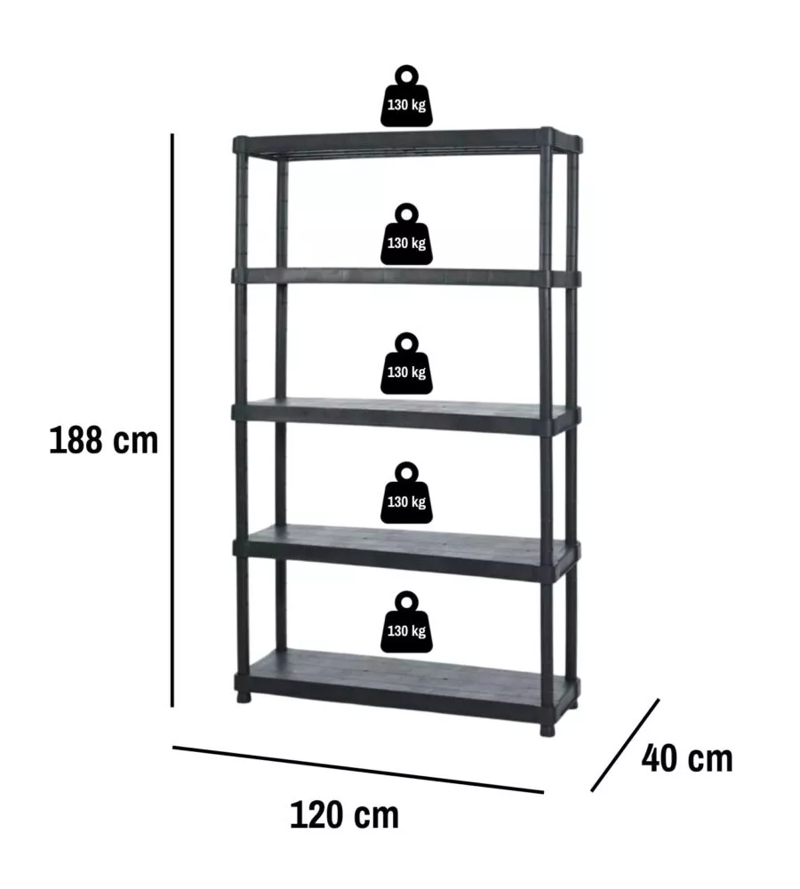 SCAFFALE 5 RIPIANI IN POLIPROPILENE "TITANO" NERO 120X40X188 CM