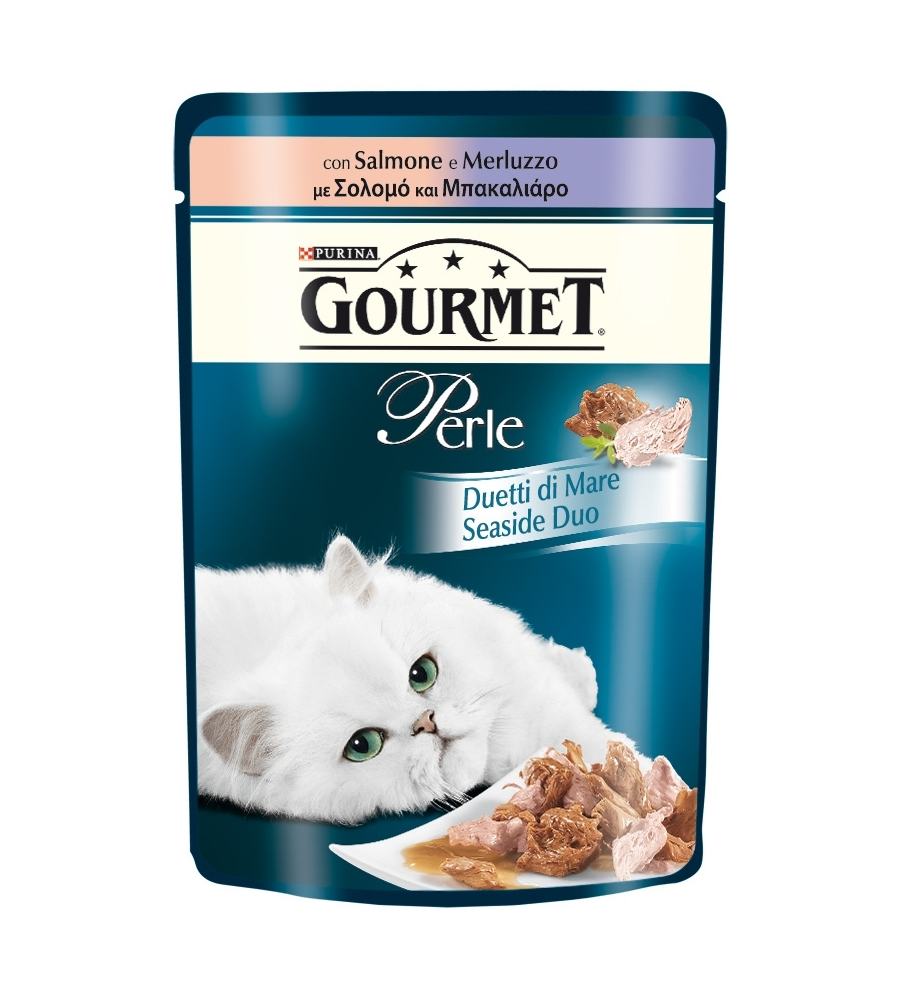 GOURMET PERLE, ALIMENTO UMIDO PER GATTO, DUETTI DI MARE CON SALMONE E MERLUZZO.