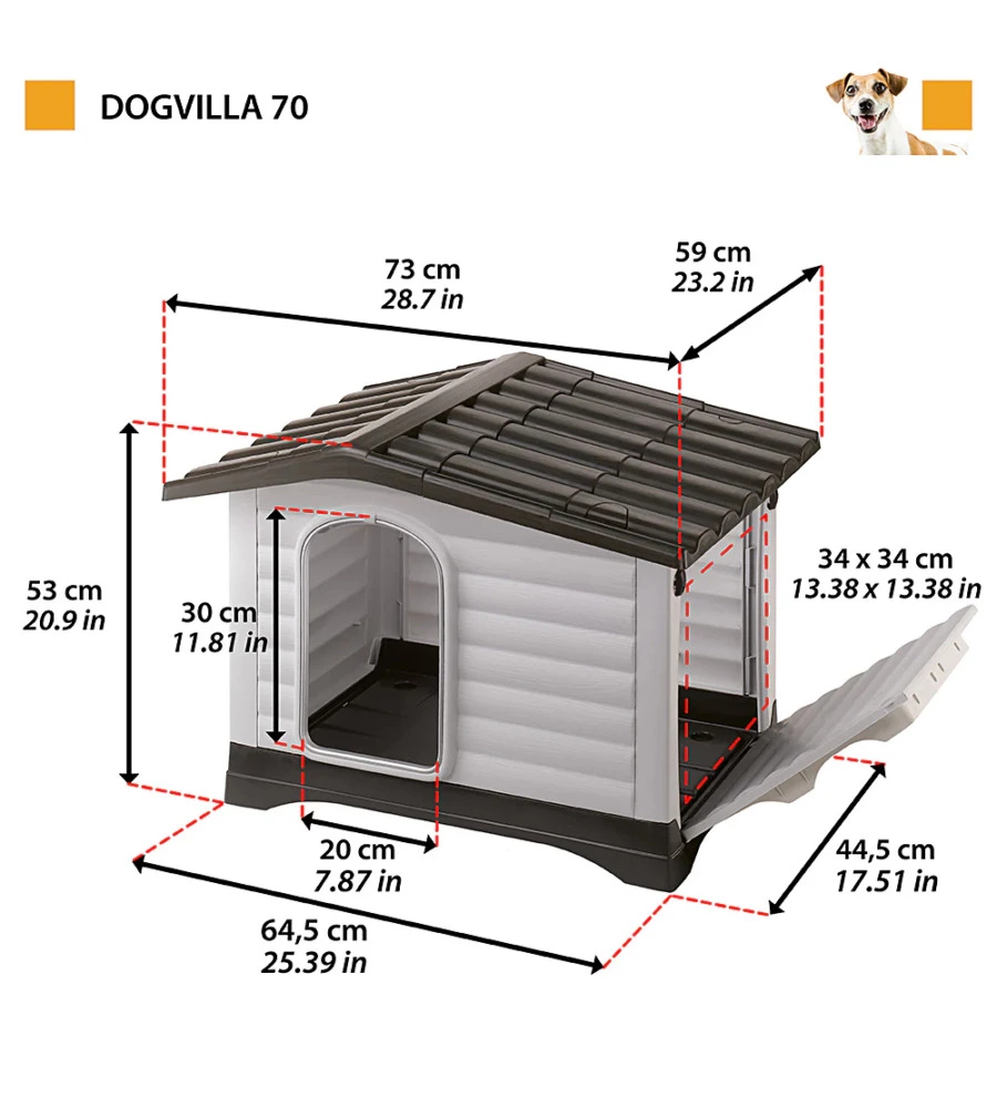 CUCCIA PER CANI DA ESTERNO FERPLAST "DOGVILLA 70" CON PARETE RIBALTABILE IN RESINA GRIGIO 73X59X53 CM