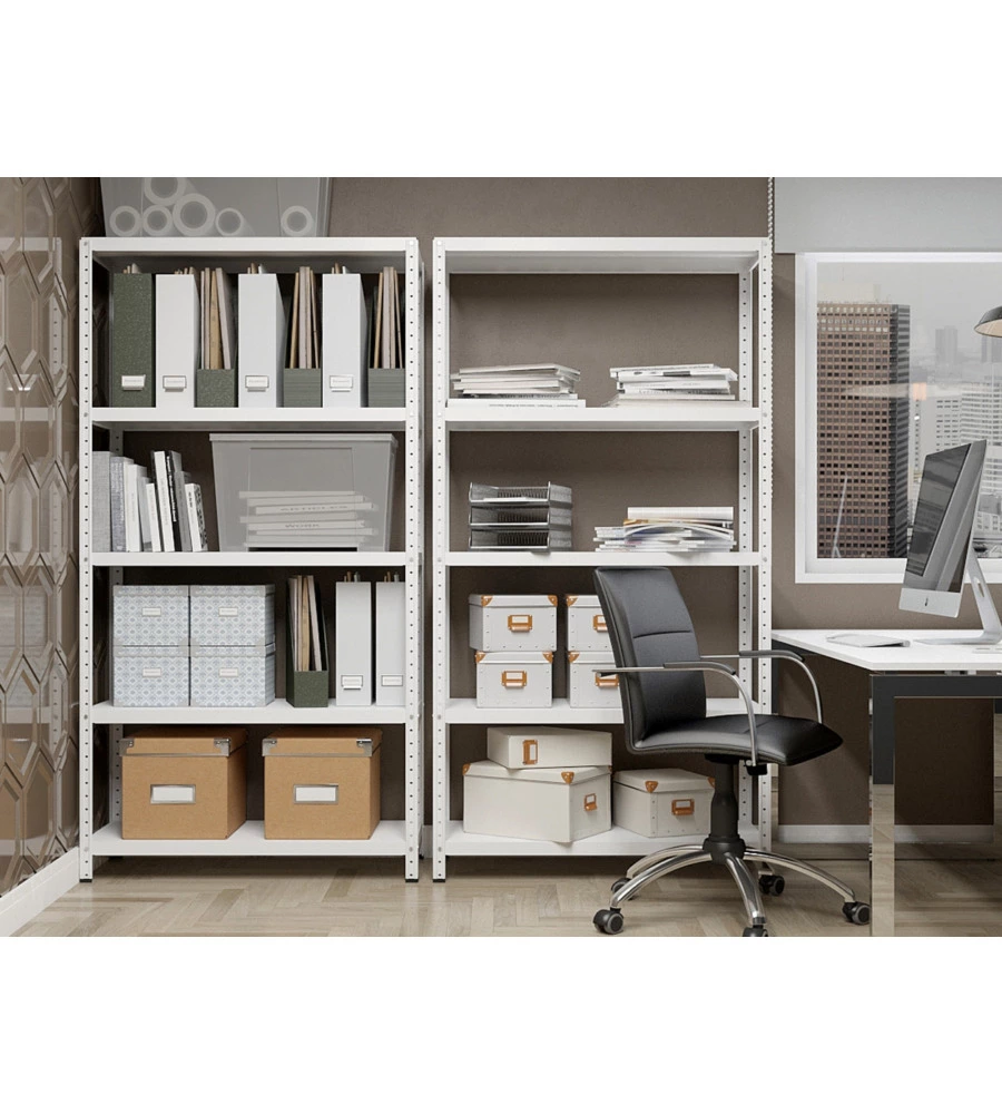 SCAFFALE IN METALLO BIANCO AD INCASTRO CON 4 RIPIANI, 75X30X145 CM -GRIMA