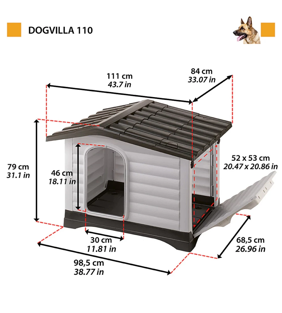 CUCCIA PER CANI DA ESTERNO FERPLAST "DOGVILLA 110" CON PARETE RIBALTABILE IN RESINA GRIGIO 111x84x79 CM