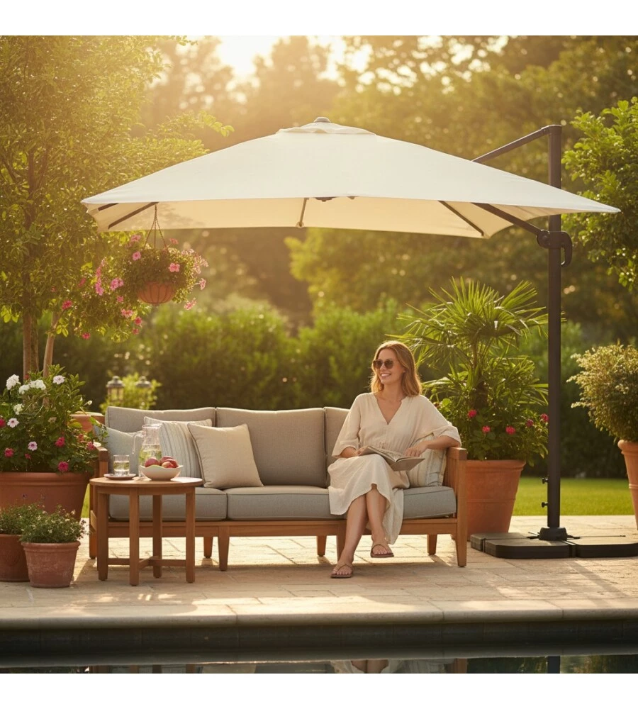 OMBRELLONE DA GIARDINO QUADRATO CON BRACCIO LATERALE EUROGARDEN "TOP TIME" IN POLIESTERE ECRÙ 3X3 M