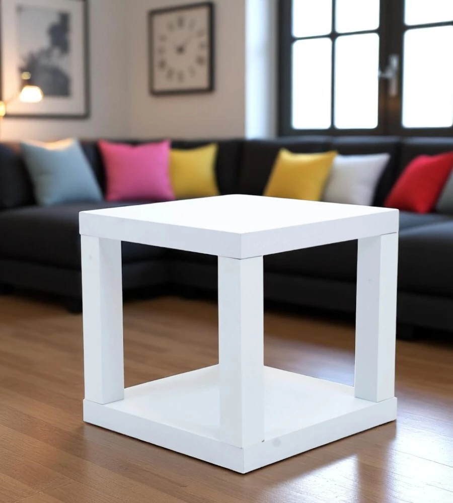 CUBO MULTIFUNZIONE TAVOLINO E COMODINO IN MDF E PVC BIANCO 40X40X38 CM