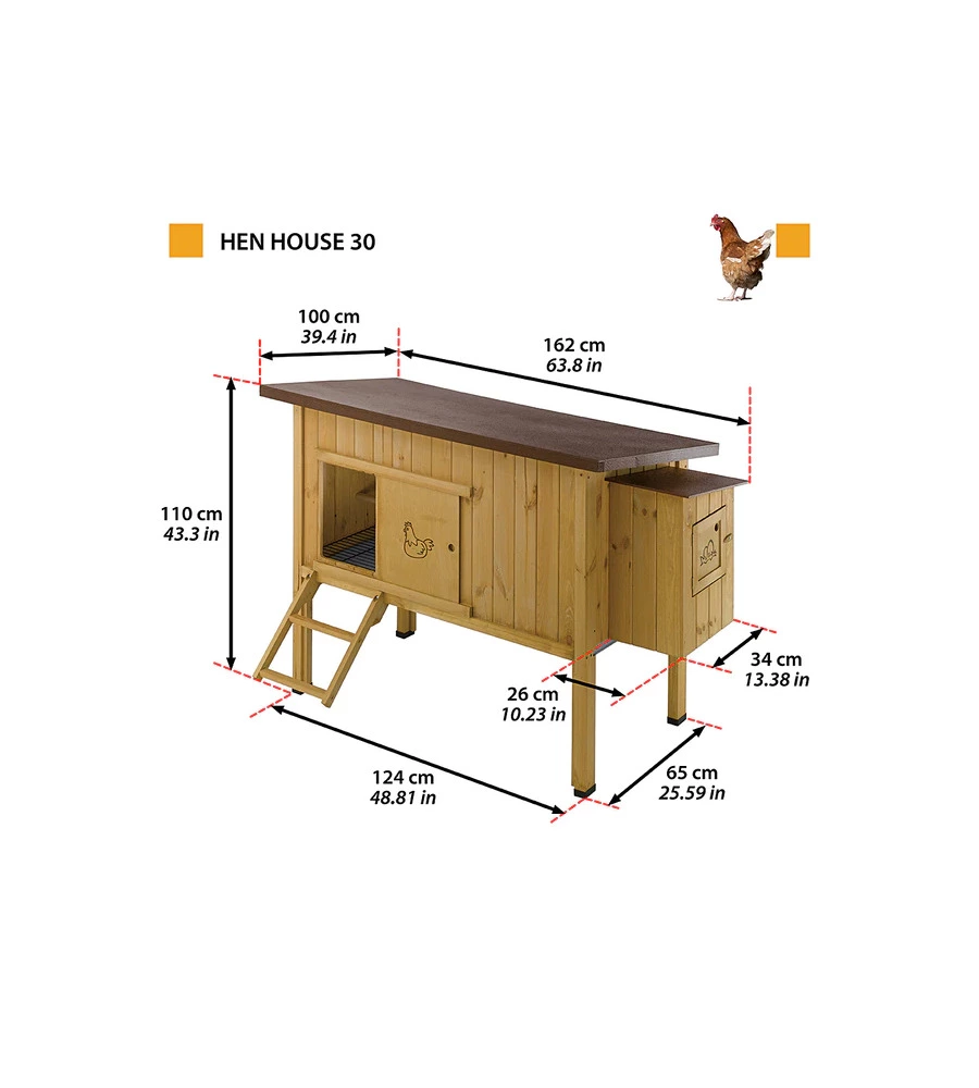 CASETTA POLLAIO PER GALLINE IN LEGNO "HEN HOUSE 30", 162X100X110 CM - FERPLAST