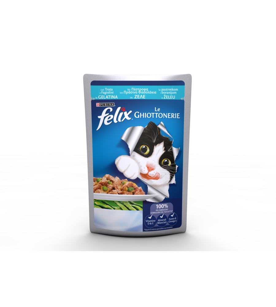 FELIX LE GHIOTTONERIE, ALIMENTO UMIDO PER GATTO CON TROTA E FAGIOLINI IN GELATINA.