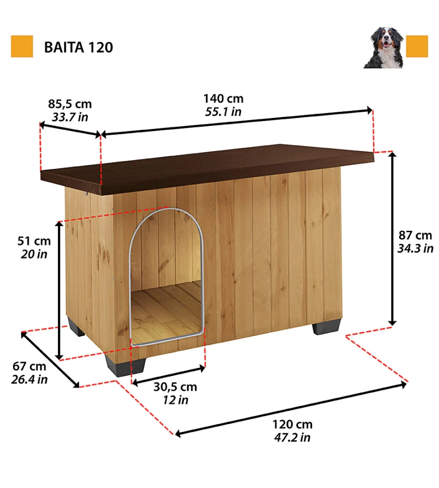 CUCCIA PER CANI DA ESTERNO "BAITA 120" IN LEGNO, 140X85,5X87 CM - FERPLAST