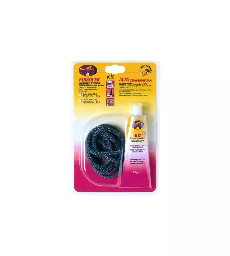 GUARNIZIONE IN FIBRA DI VETRO BEST FIRE "KIT FIBROVET" CON CORDA 1,6 MT, DIAMETRO 8 MM E TUBETTO SILICONE NERO DA 75 GR