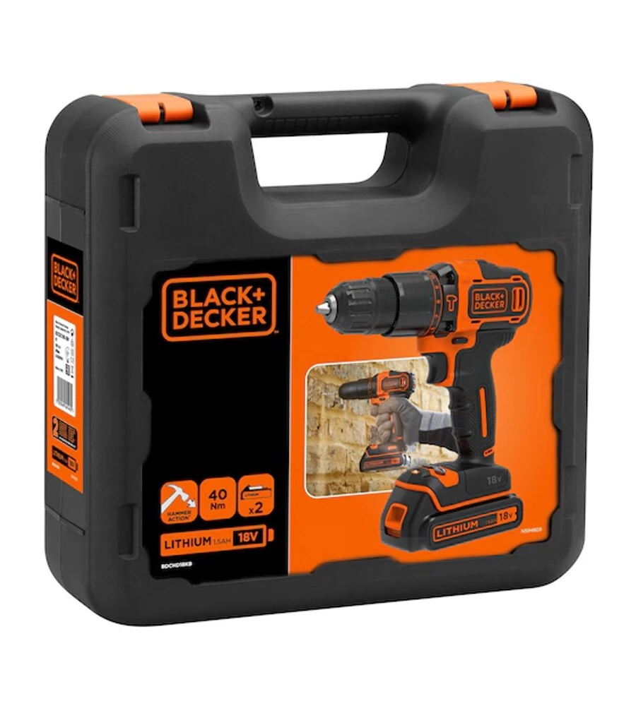 KIT VALIGETTA TRAPANO AVVITATORE A PERCUSSIONE A BATTERIA BLACK+DECKER "BDCHD18KB-QW" 2 BATTERIE 18V