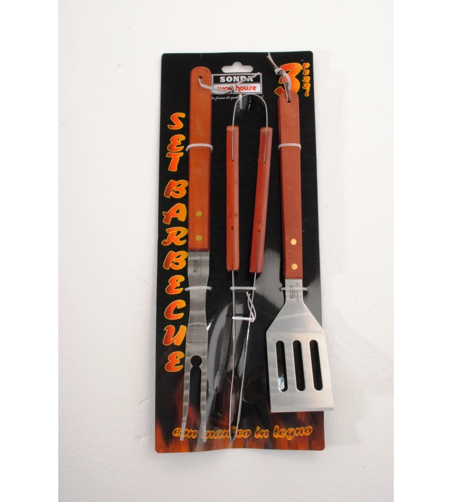 SET 3 PEZZI PER BARBECUE IN ACCIAIO E MANICO IN LEGNO