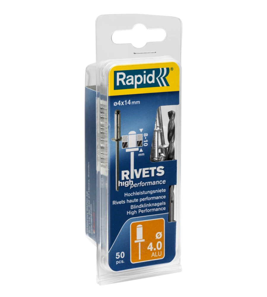 RIVETTI DIAMETRO 4X14MM. ALU + PUNTA DA TRAPANO BLISTER DA 50