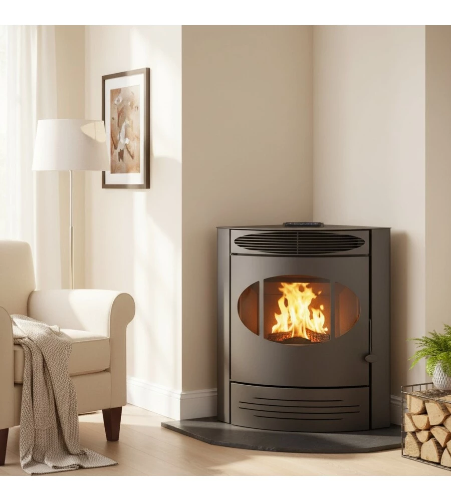 Stufa a pellet ventilata angolare Caris "Gemma" grigio 12 kW