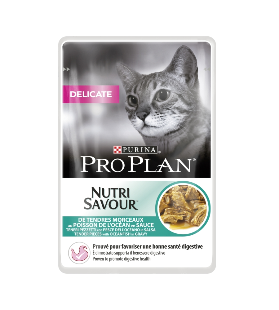 PRO PLAN DELICATE,  ALIMENTO UMIDO PER GATTO, TENERI PEZZETTI IN SALSA CON PESCE DELL'OCEANO.