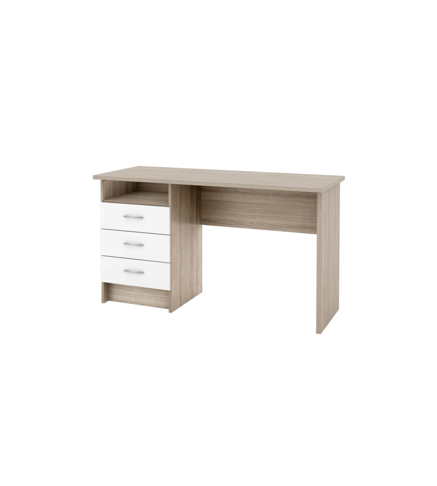 SCRIVANIA IN MDF EFFETTO QUERCIA CON TRE CASSETTI BIANCHI, 72X48X120 CM