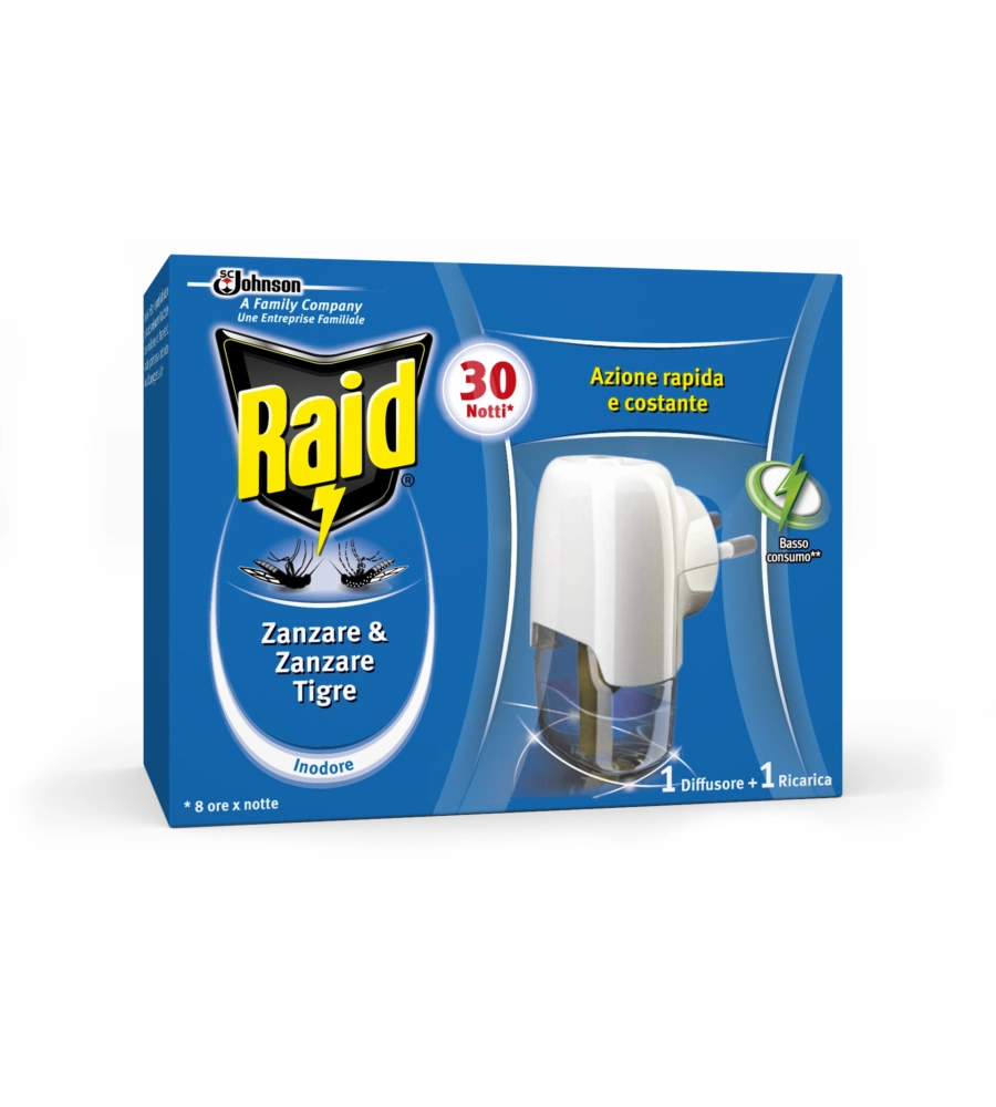 DIFFUSORE LIQUIDO ANTIZANZARE RAID "30 NOTTI" CON RICARICA